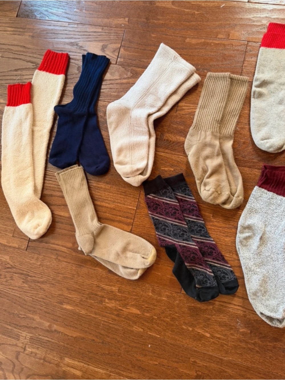 Vintage Men's Sock Lot — Cream, Navy, Tan & Burgundy Patterned Crew